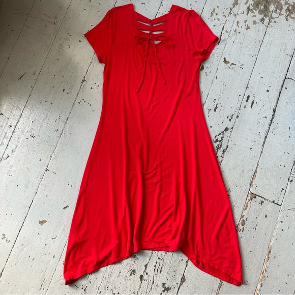Chico's Laced up Red Stretch Knit Dress Handkerchief Hem - Picture 5 of 10